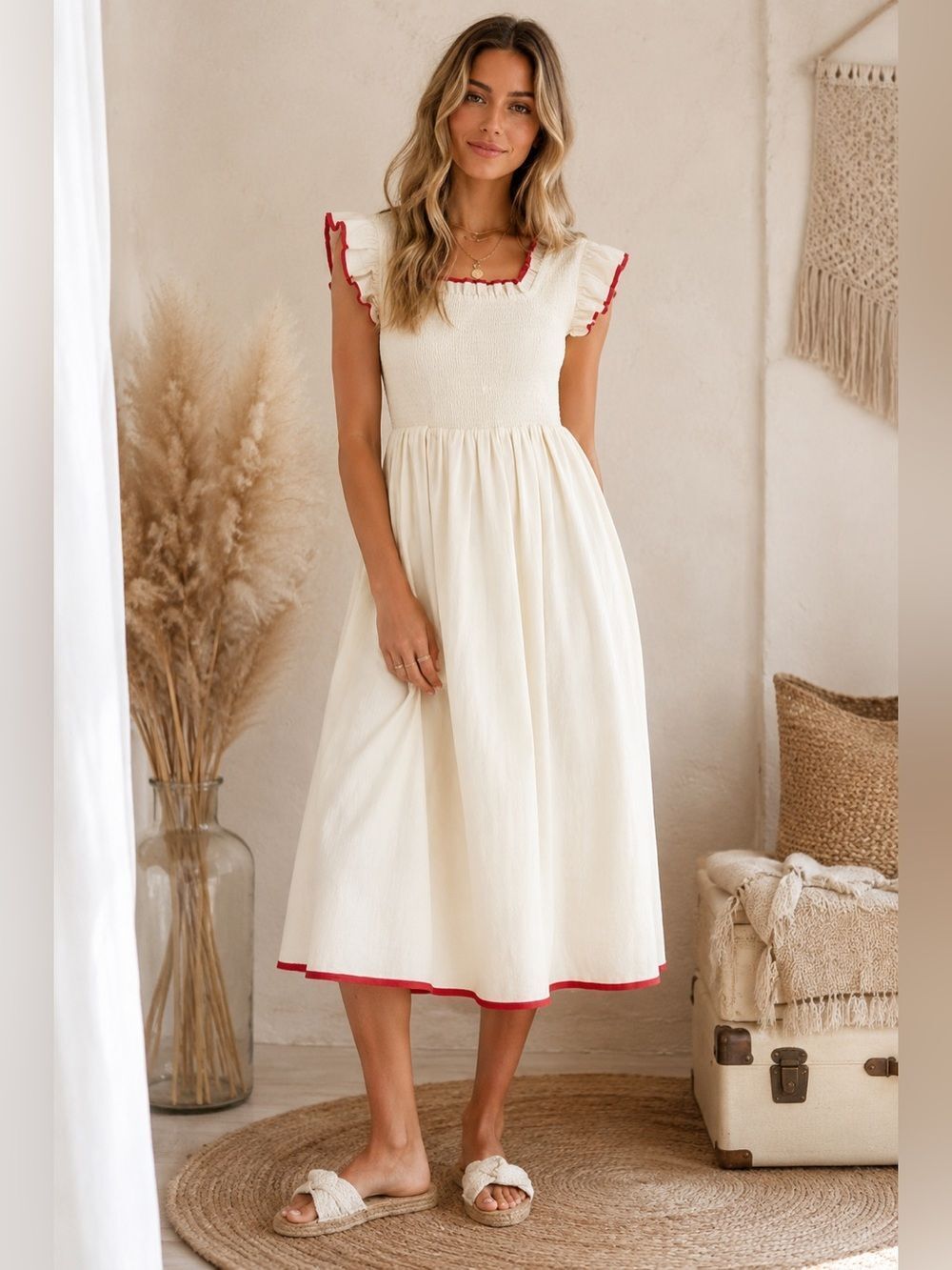 Anniewear NWT Cream Smocked Midi Dress with Red Contrast Trim